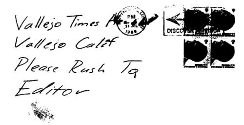 Front Side of Envelope of the Vallejo Times Herald send July 31, 1969